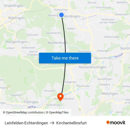 Leinfelden-Echterdingen to Kirchentellinsfurt map