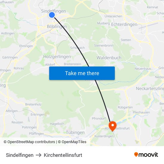 Sindelfingen to Kirchentellinsfurt map