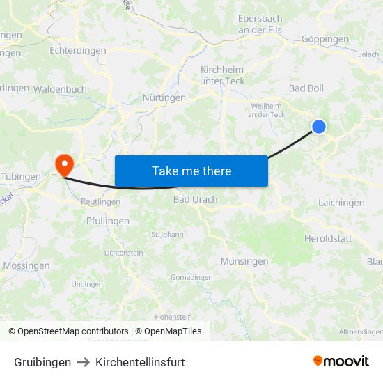 Gruibingen to Kirchentellinsfurt map