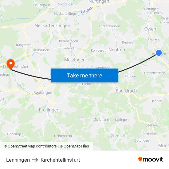 Lenningen to Kirchentellinsfurt map