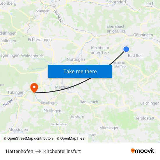 Hattenhofen to Kirchentellinsfurt map