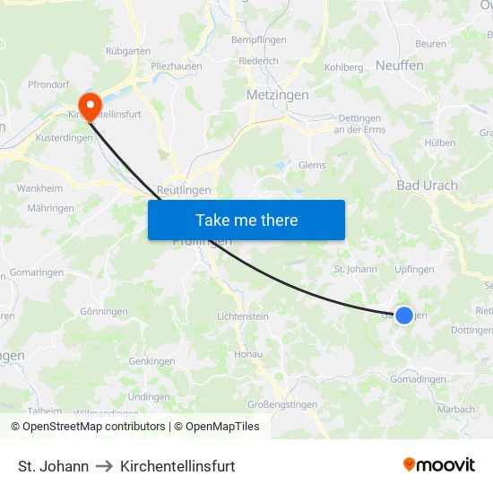 St. Johann to Kirchentellinsfurt map