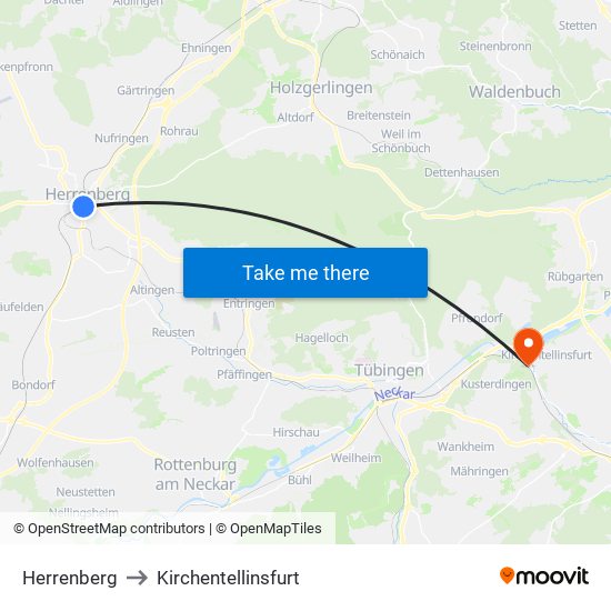 Herrenberg to Kirchentellinsfurt map