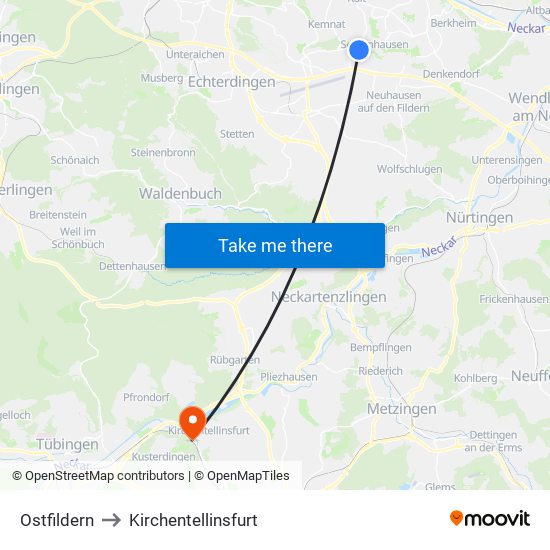 Ostfildern to Kirchentellinsfurt map