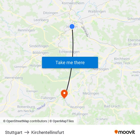 Stuttgart to Kirchentellinsfurt map