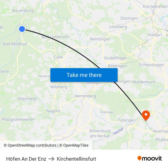 Höfen An Der Enz to Kirchentellinsfurt map