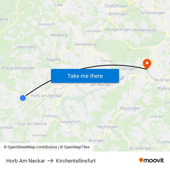 Horb Am Neckar to Kirchentellinsfurt map