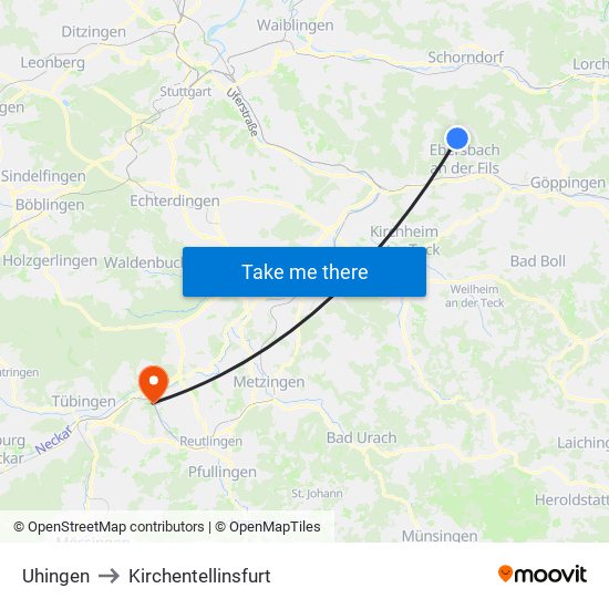 Uhingen to Kirchentellinsfurt map