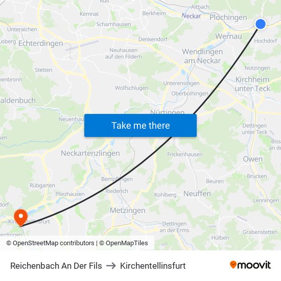 Reichenbach An Der Fils to Kirchentellinsfurt map