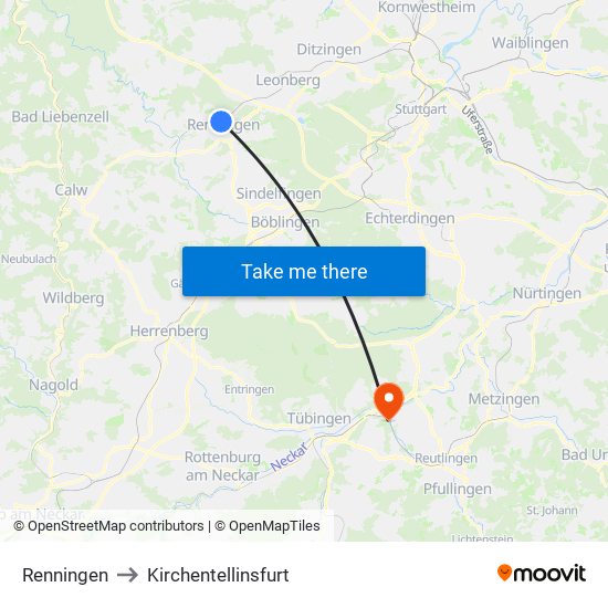 Renningen to Kirchentellinsfurt map