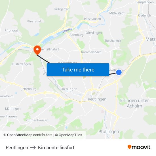 Reutlingen to Kirchentellinsfurt map