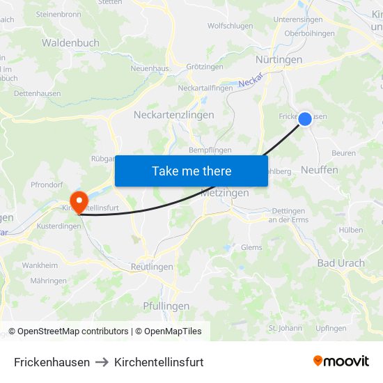 Frickenhausen to Kirchentellinsfurt map