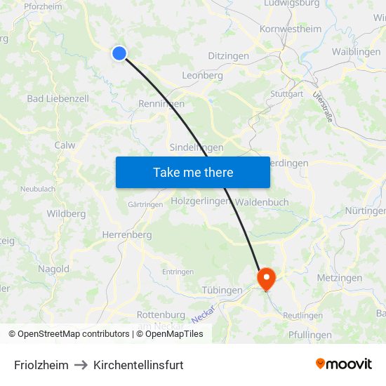 Friolzheim to Kirchentellinsfurt map