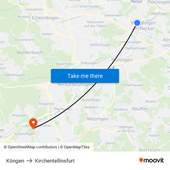 Köngen to Kirchentellinsfurt map