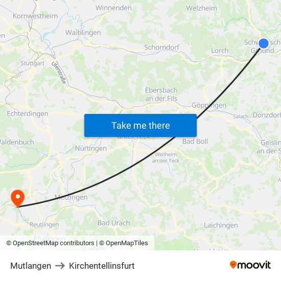 Mutlangen to Kirchentellinsfurt map