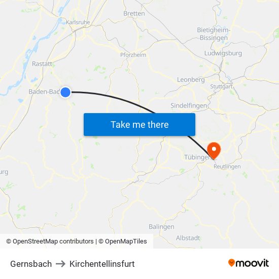 Gernsbach to Kirchentellinsfurt map