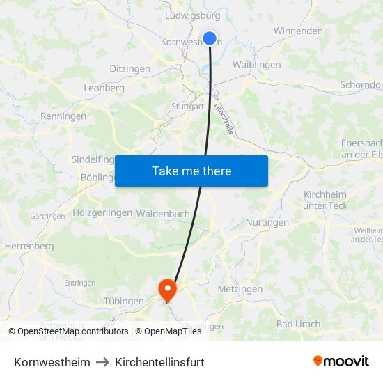 Kornwestheim to Kirchentellinsfurt map