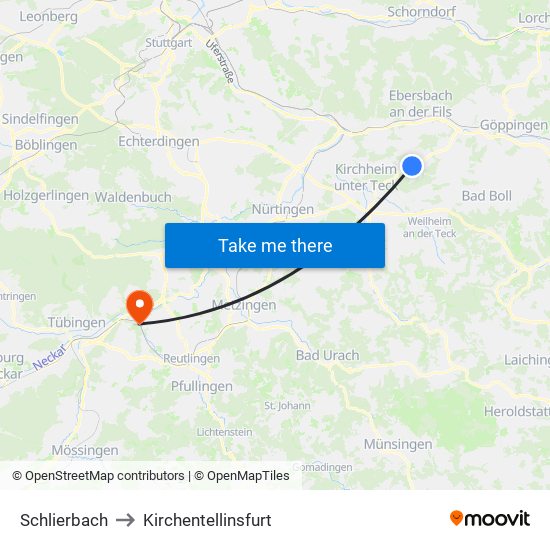 Schlierbach to Kirchentellinsfurt map