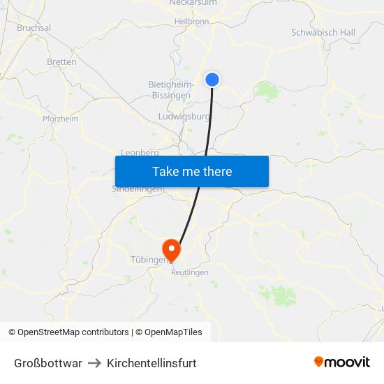 Großbottwar to Kirchentellinsfurt map