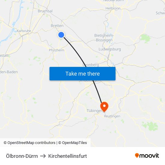 Ölbronn-Dürrn to Kirchentellinsfurt map