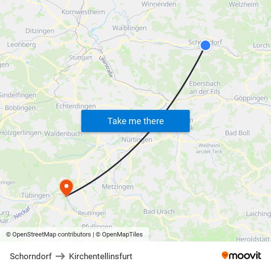 Schorndorf to Kirchentellinsfurt map