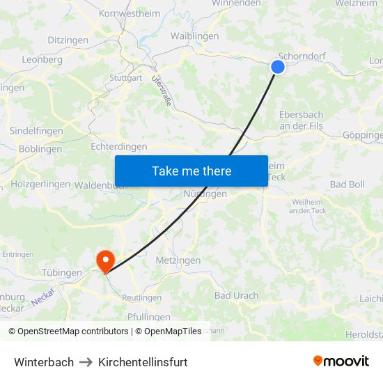 Winterbach to Kirchentellinsfurt map