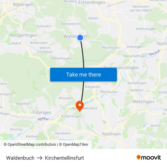 Waldenbuch to Kirchentellinsfurt map