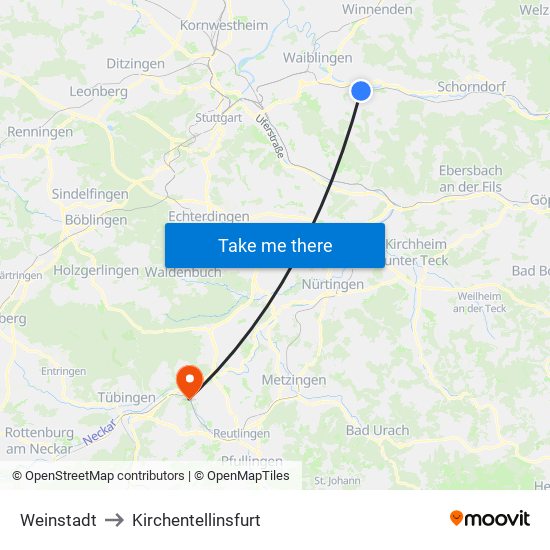 Weinstadt to Kirchentellinsfurt map