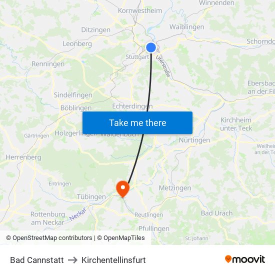 Bad Cannstatt to Kirchentellinsfurt map