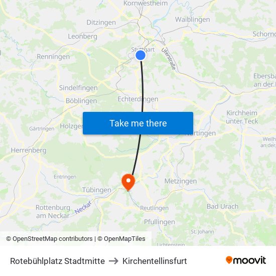 Rotebühlplatz Stadtmitte to Kirchentellinsfurt map