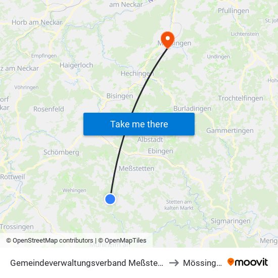 Gemeindeverwaltungsverband Meßstetten to Mössingen map