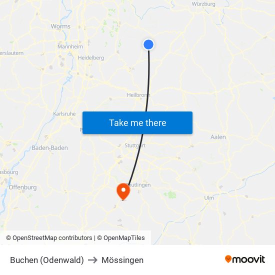 Buchen (Odenwald) to Mössingen map