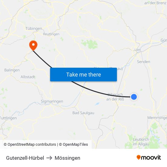 Gutenzell-Hürbel to Mössingen map