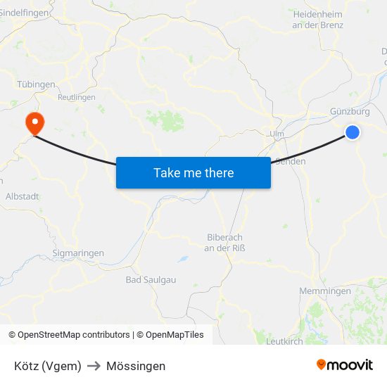 Kötz (Vgem) to Mössingen map