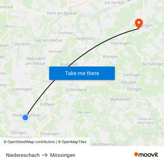 Niedereschach to Mössingen map