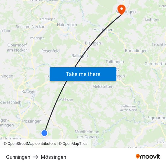 Gunningen to Mössingen map