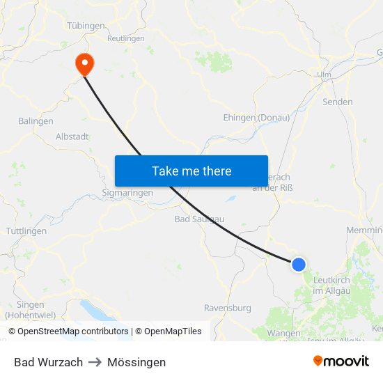 Bad Wurzach to Mössingen map