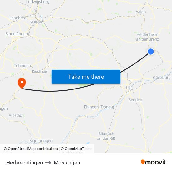 Herbrechtingen to Mössingen map