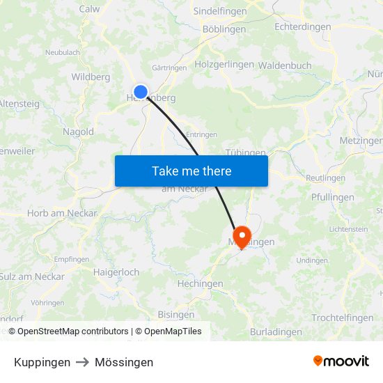 Kuppingen to Mössingen map