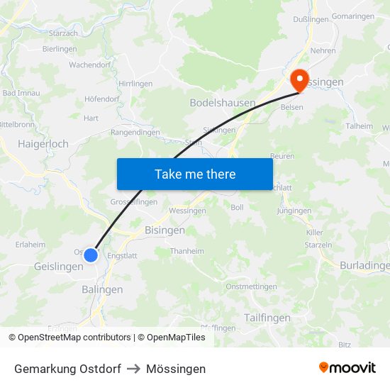 Gemarkung Ostdorf to Mössingen map