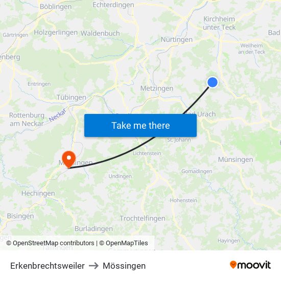 Erkenbrechtsweiler to Mössingen map