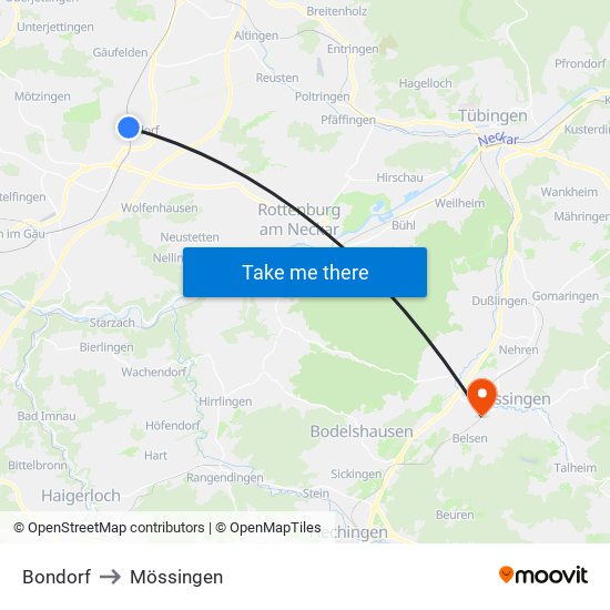 Bondorf to Mössingen map