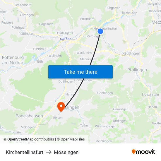 Kirchentellinsfurt to Mössingen map