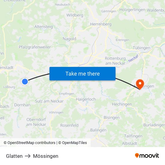 Glatten to Mössingen map