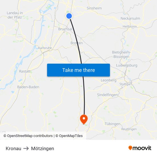 Kronau to Mötzingen map