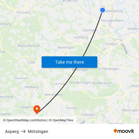 Asperg to Mötzingen map