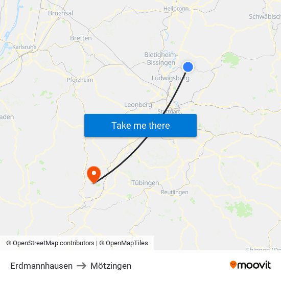 Erdmannhausen to Mötzingen map