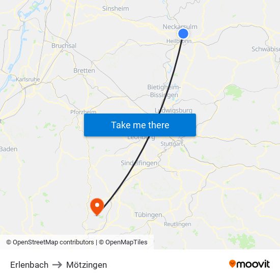 Erlenbach to Mötzingen map