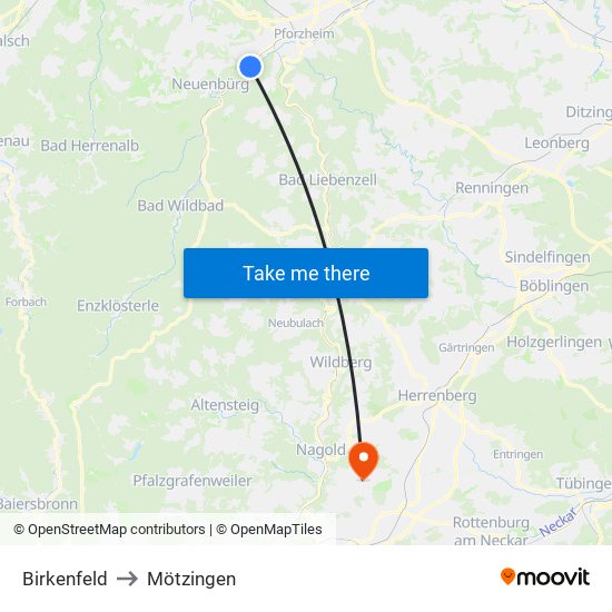 Birkenfeld to Mötzingen map