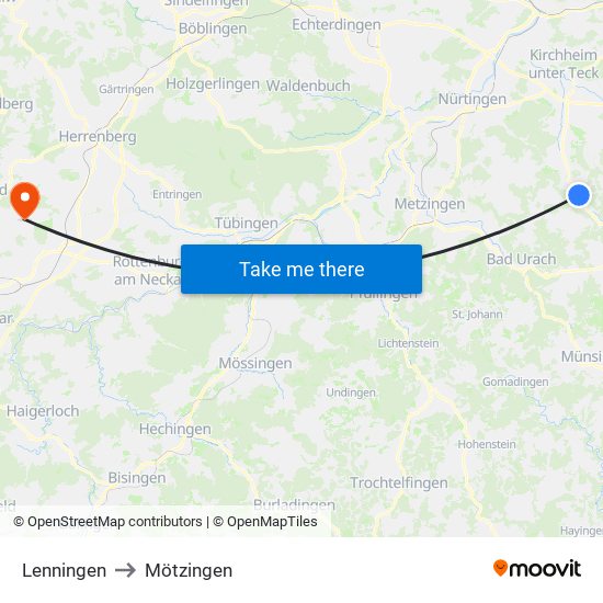 Lenningen to Mötzingen map